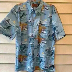 Clearwater Men’s XXL Tropical Shirt Boats Fish Blue Ocean